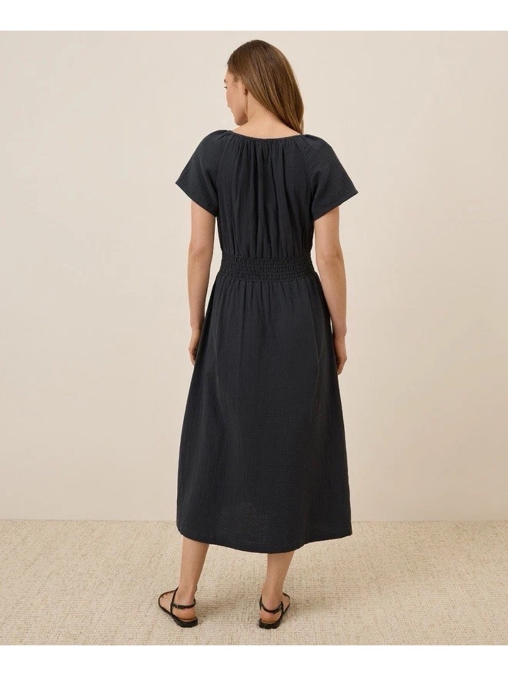 Pact coastal double gauze midi dress in soft black sz M - Picture 3 of 11